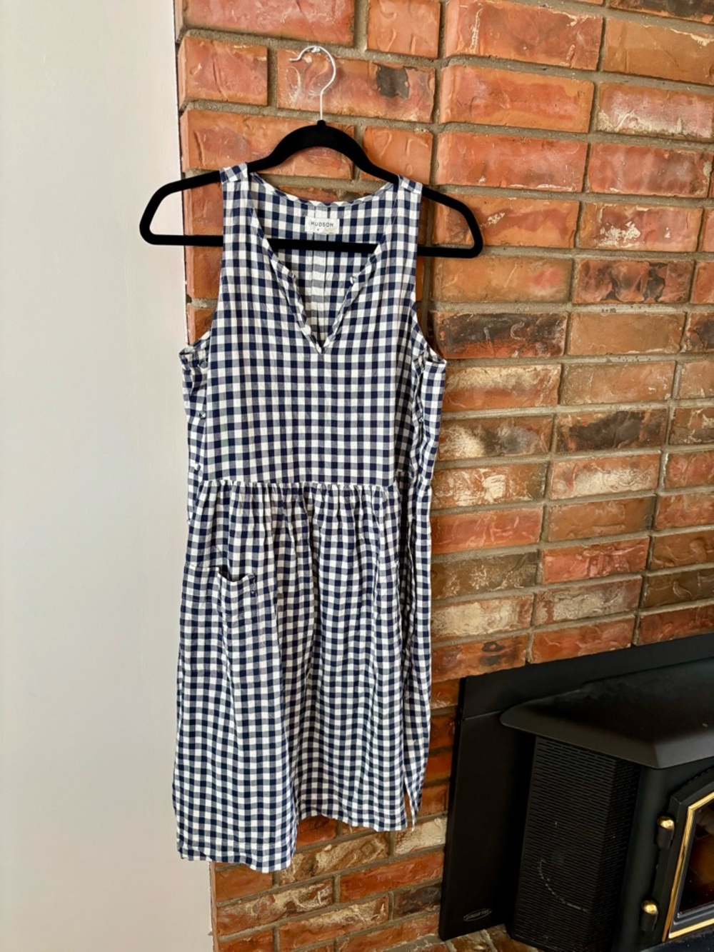 Gingham Button Sides Dress - Navy & White Sleeveless V-Neck Linen blend